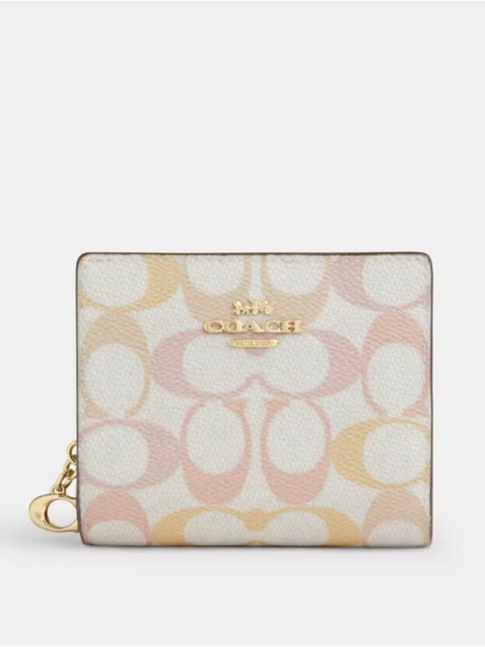 🩷🧡Coach NWT Chalk/Pink/Peach Signature Canvas Small Snap Wallet /Gold Hardware